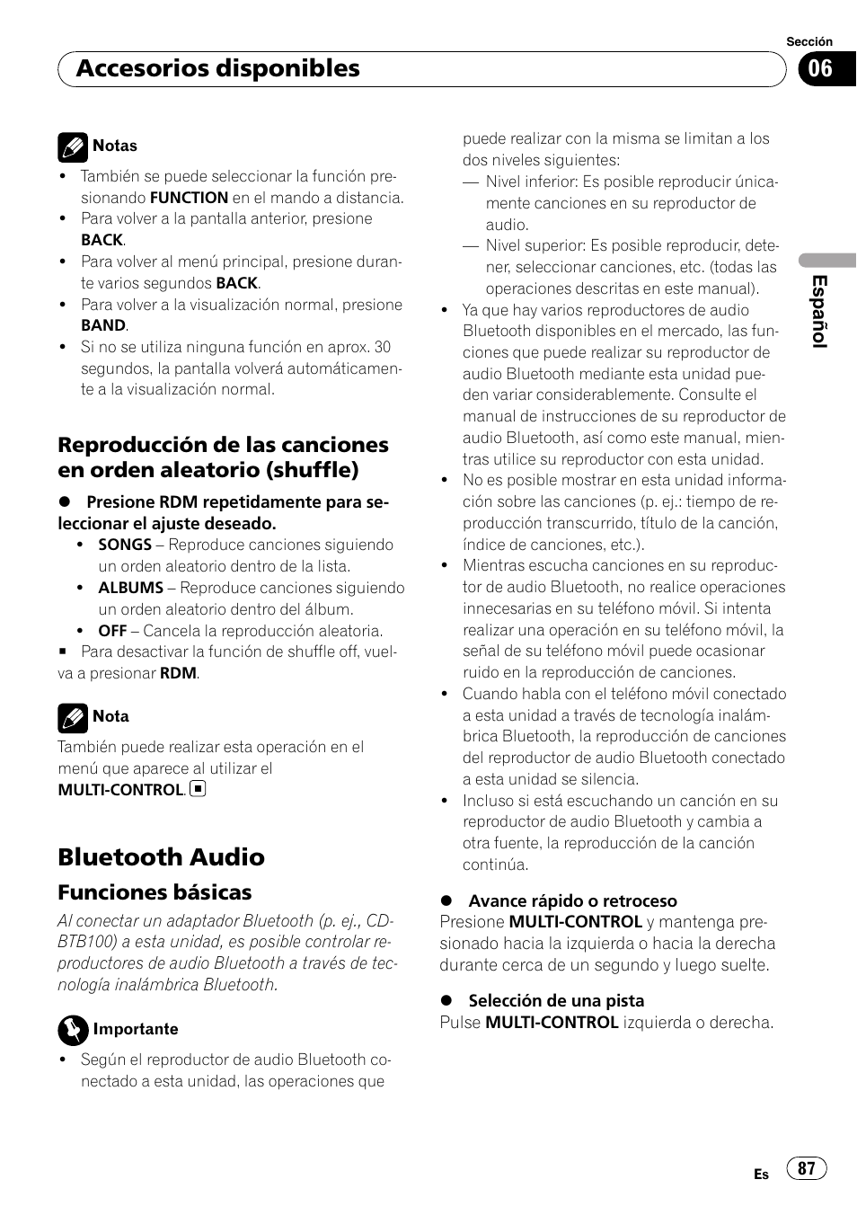 Reproducción de las canciones en, Orden aleatorio (shuffle), Bluetooth audio | Funciones básicas 87, Accesorios disponibles, Funciones básicas | Pioneer DEH-P4050UB User Manual | Page 87 / 167