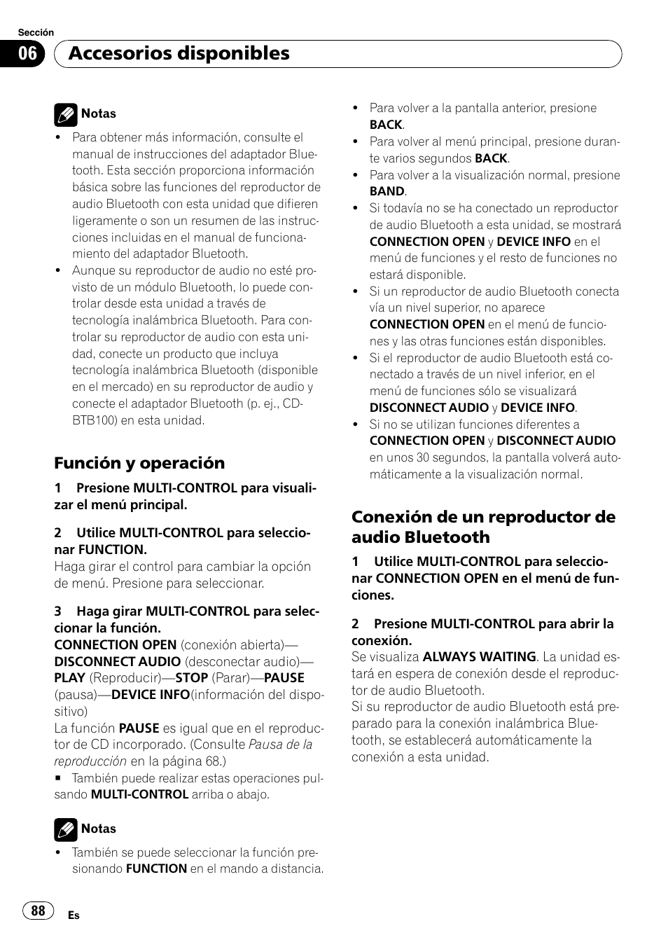 Función y operación 88, Conexión de un reproductor de audio, Bluetooth | Accesorios disponibles, Función y operación, Conexión de un reproductor de audio bluetooth | Pioneer DEH-P4050UB User Manual | Page 88 / 167