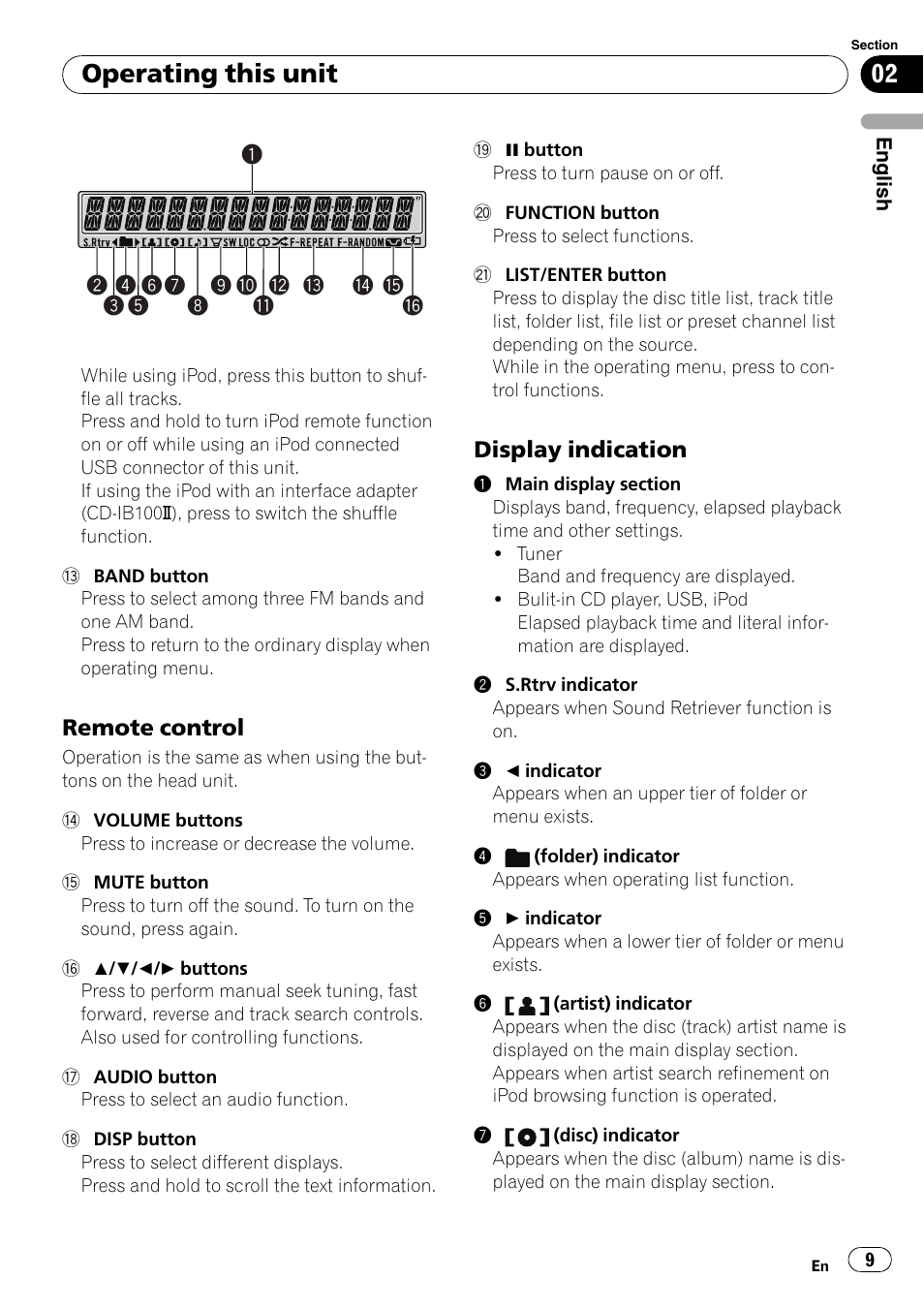 Remote control 9, Display indication 9, Operating this unit | Remote control, Display indication | Pioneer DEH-P4050UB User Manual | Page 9 / 167