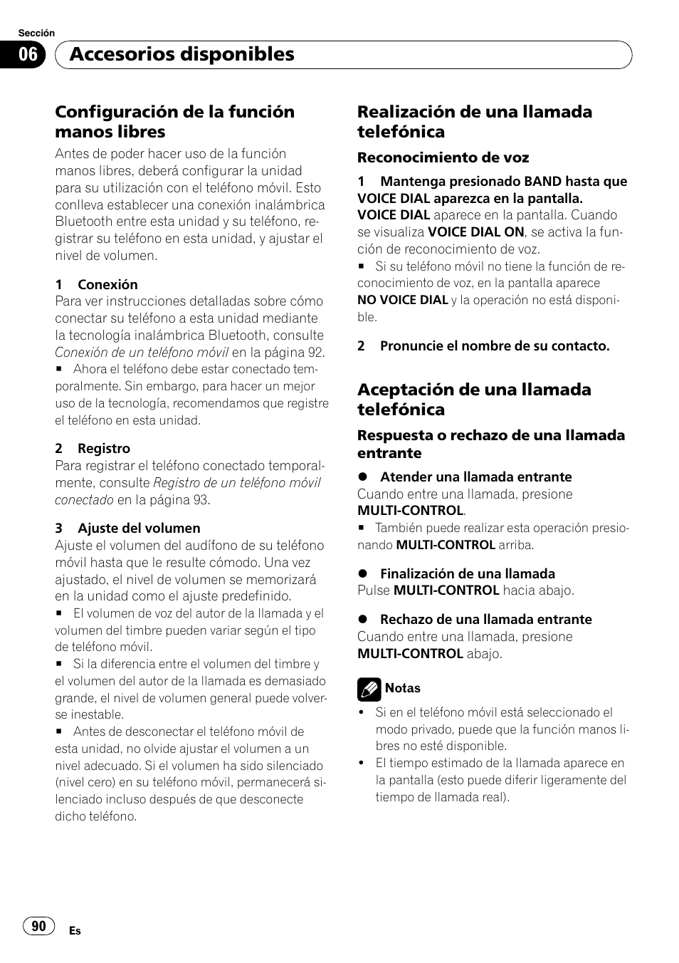 Configuración de la función manos, Libres, Realización de una llamada | Telefónica, Aceptación de una llamada, Accesorios disponibles, Configuración de la función manos libres, Realización de una llamada telefónica, Aceptación de una llamada telefónica | Pioneer DEH-P4050UB User Manual | Page 90 / 167