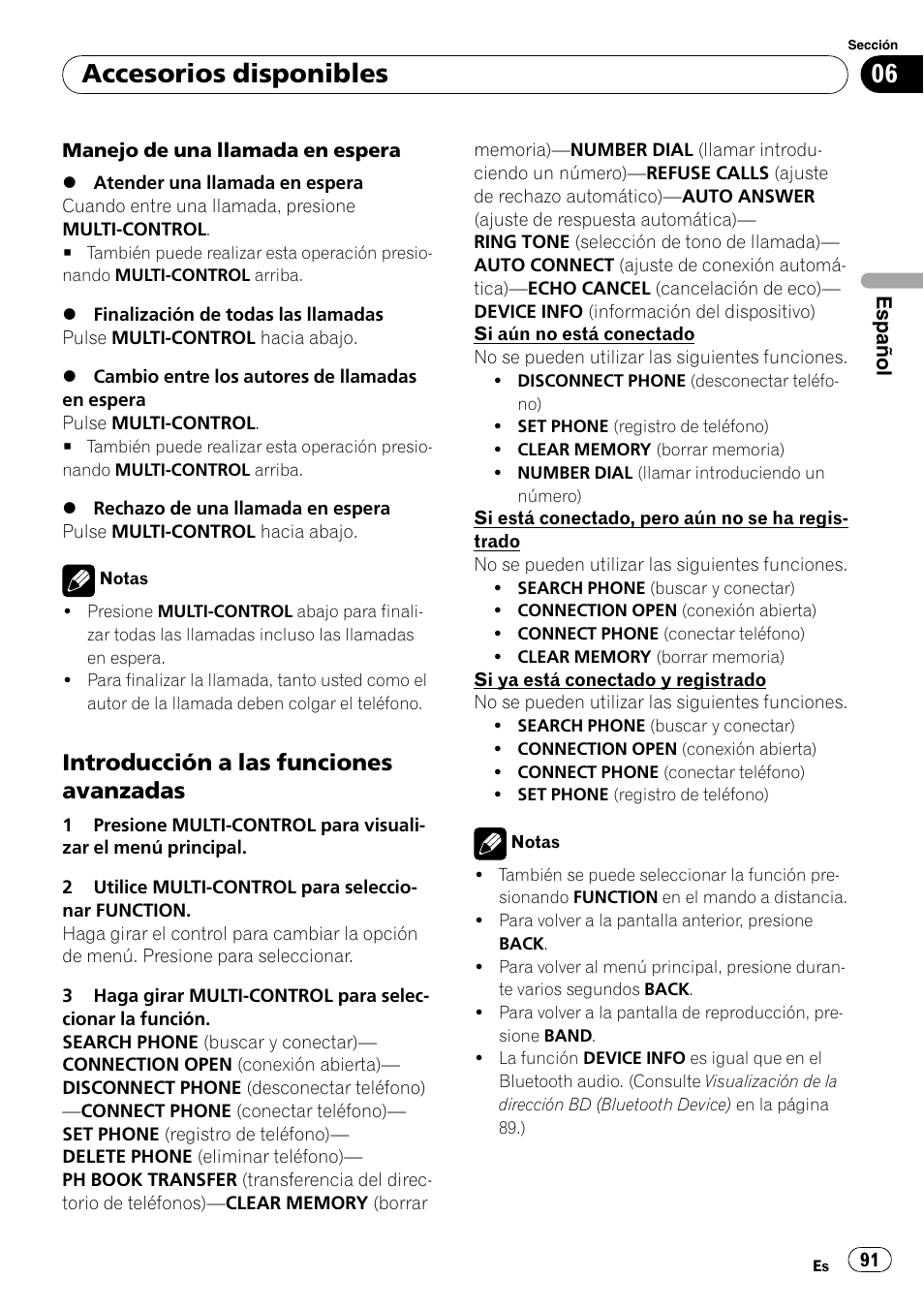 Introducción a las funciones, Avanzadas, Accesorios disponibles | Introducción a las funciones avanzadas | Pioneer DEH-P4050UB User Manual | Page 91 / 167