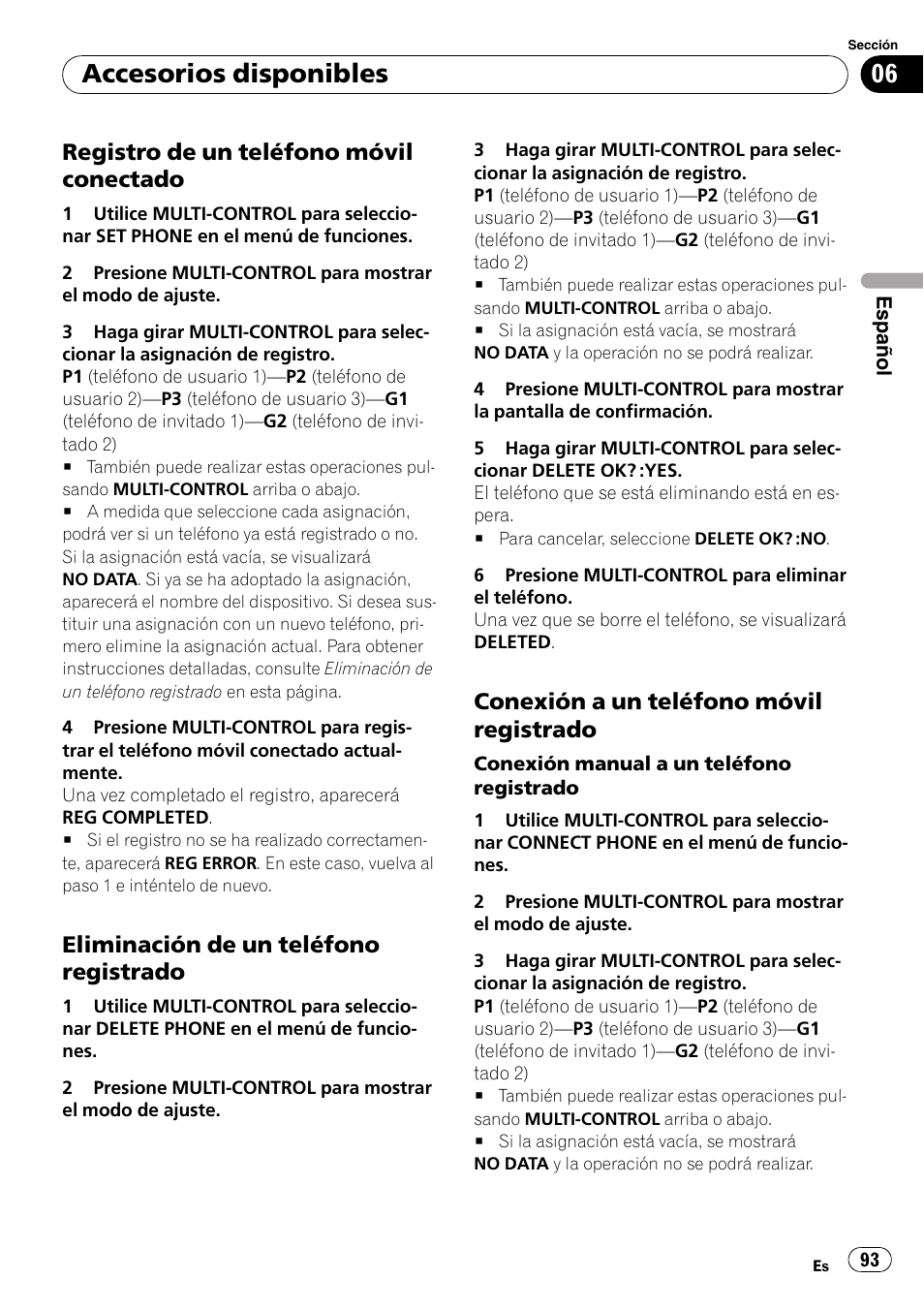 Registro de un teléfono móvil, Conectado, Eliminación de un teléfono | Registrado, Conexión a un teléfono móvil, Accesorios disponibles, Registro de un teléfono móvil conectado, Eliminación de un teléfono registrado, Conexión a un teléfono móvil registrado | Pioneer DEH-P4050UB User Manual | Page 93 / 167