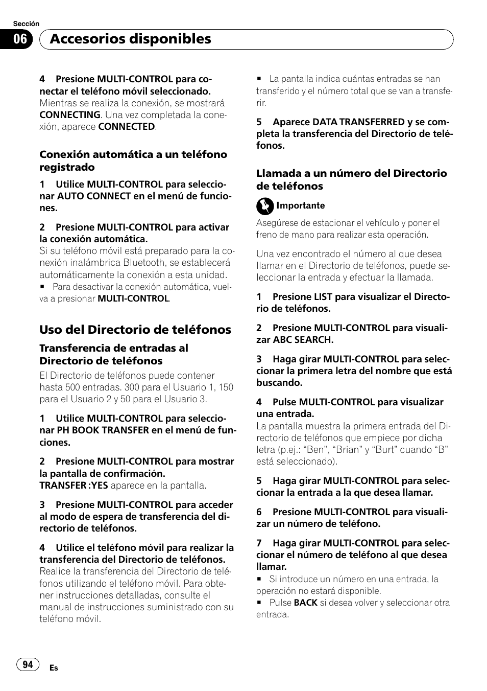 Uso del directorio de teléfonos 94, Accesorios disponibles, Uso del directorio de teléfonos | Pioneer DEH-P4050UB User Manual | Page 94 / 167