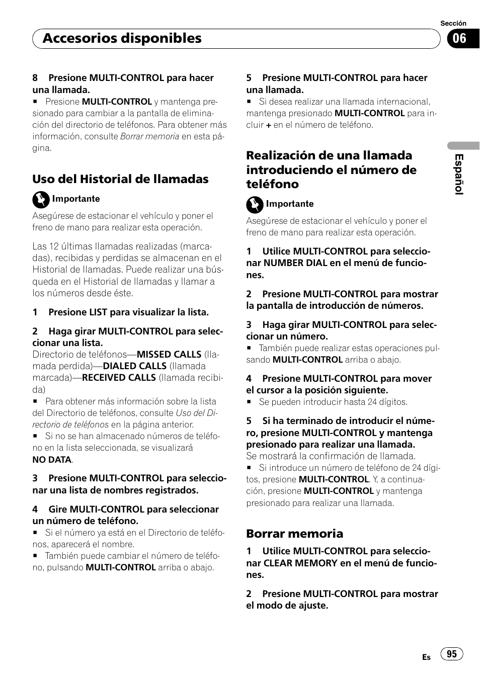 Uso del historial de llamadas 95, Realización de una llamada, Introduciendo el número de teléfono | Borrar memoria 95, Accesorios disponibles, Uso del historial de llamadas | Pioneer DEH-P4050UB User Manual | Page 95 / 167