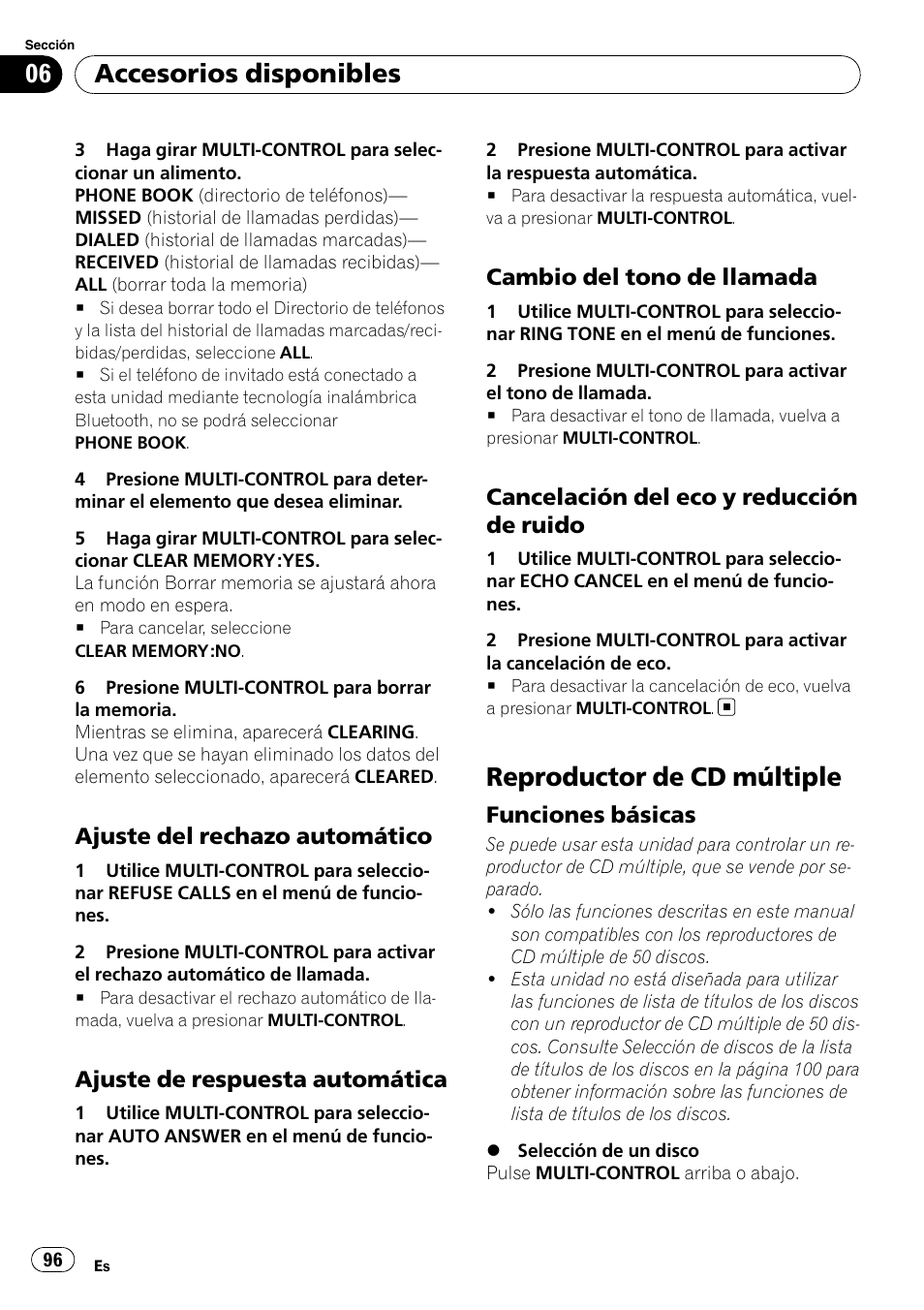Ajuste del rechazo automático 96, Ajuste de respuesta automática 96, Cambio del tono de llamada 96 | Cancelación del eco y reducción de, Ruido, Reproductor de cd múltiple, Funciones básicas 96, Accesorios disponibles, Ajuste del rechazo automático, Ajuste de respuesta automática | Pioneer DEH-P4050UB User Manual | Page 96 / 167