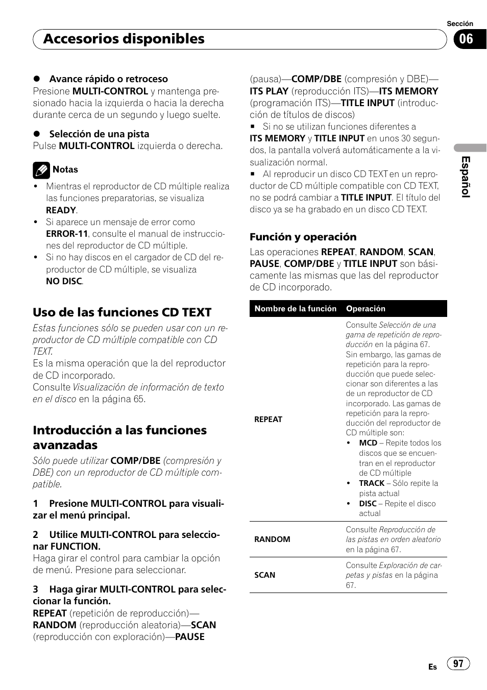 Uso de las funciones cd text 97, Introducción a las funciones, Avanzadas | Accesorios disponibles, Uso de las funciones cd text, Introducción a las funciones avanzadas | Pioneer DEH-P4050UB User Manual | Page 97 / 167