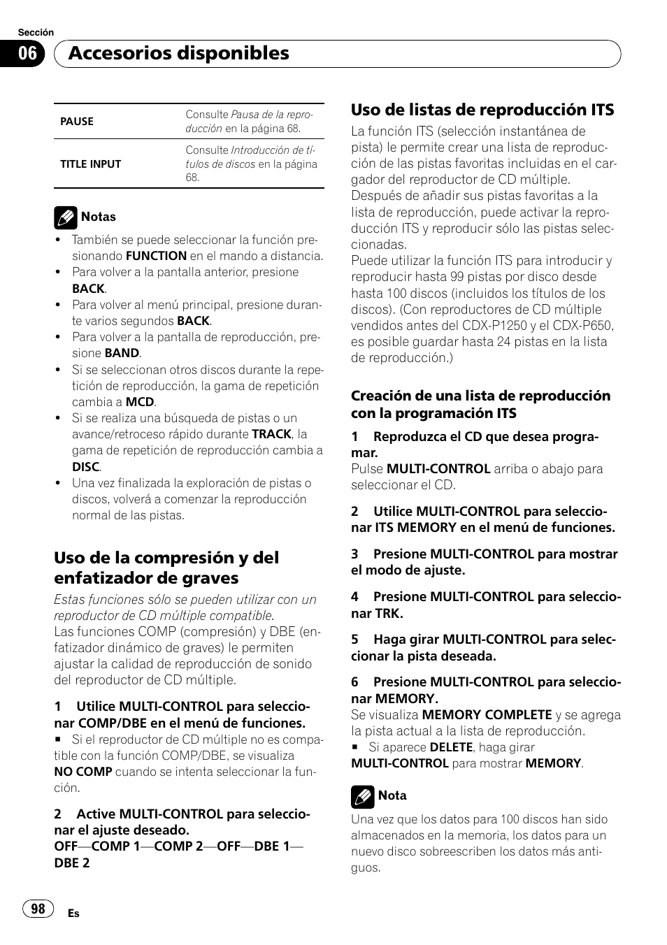 Uso de la compresión y del enfatizador, De graves, Uso de listas de reproducción its 98 | Accesorios disponibles, Uso de la compresión y del enfatizador de graves, Uso de listas de reproducción its | Pioneer DEH-P4050UB User Manual | Page 98 / 167