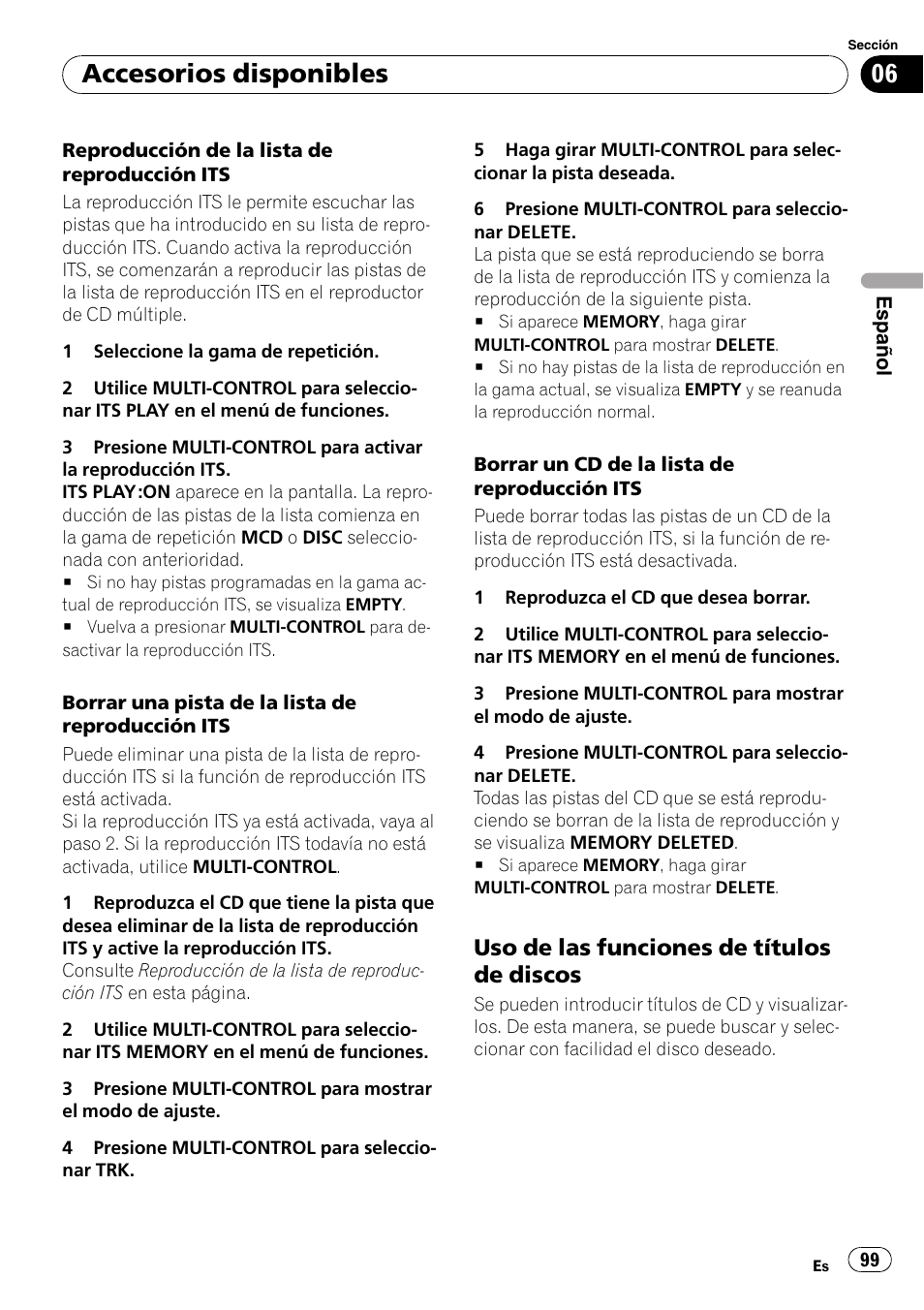 Uso de las funciones de títulos de, Discos, Accesorios disponibles | Uso de las funciones de títulos de discos | Pioneer DEH-P4050UB User Manual | Page 99 / 167