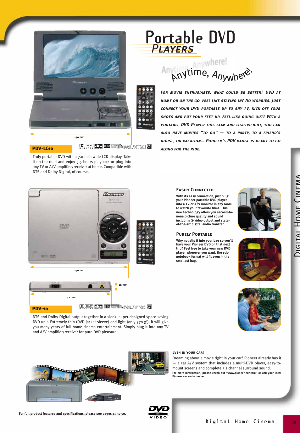 Portable dvd, Players, An ytime, anywhere | Digit al ho me cinema | Pioneer Digital Home Cinema System User Manual | Page 13 / 21