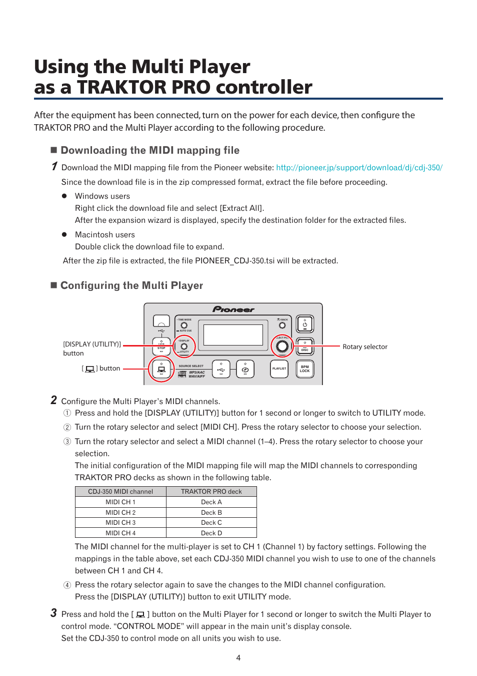 Using the multi player as a traktor pro controller, Downloading the midi mapping file, Configuring the multi player | Pioneer TRAKTOR PRO CDJ-350 User Manual | Page 4 / 11