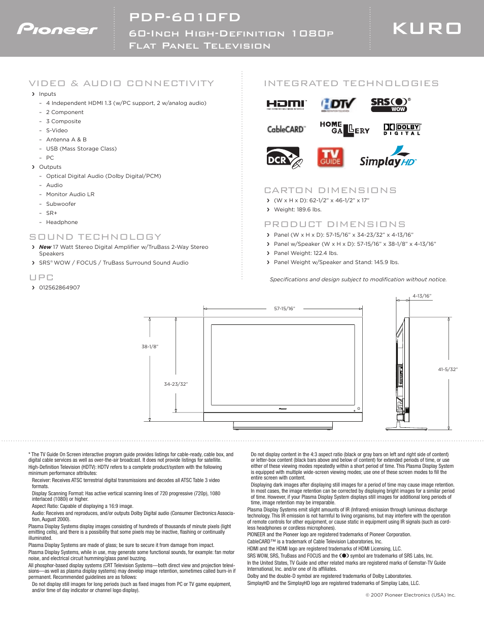 Pdp-6010fd, Inch high-definition 1080p flat panel television, Carton dimensions | Product dimensions, Integrated technologies, Video & audio connectivity, Sound technology | Pioneer KURO PDP 6010FD User Manual | Page 2 / 2