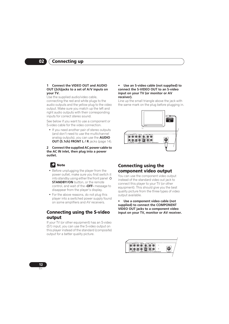 Connecting using the s-video output, Connecting using the component video output, Connecting up 02 | Audio out (5.1ch) front l / r, Jacks (page 14), Standby/on, Button, or the remote control, and wait of the | Pioneer DV-575A User Manual | Page 12 / 56