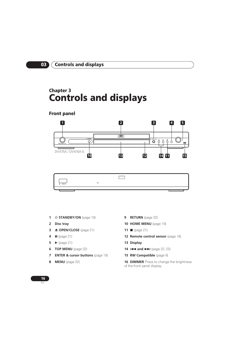 03 controls and displays, Front panel, Controls and displays | Controls and displays 03, Chapter 3 | Pioneer DV-575A User Manual | Page 16 / 56
