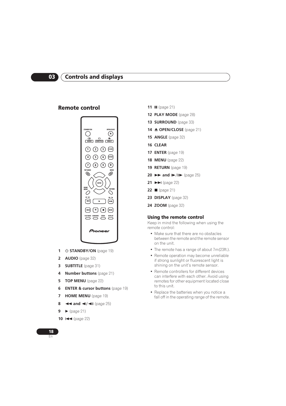 Remote control, Controls and displays 03, Using the remote control | Pioneer DV-575A User Manual | Page 18 / 56