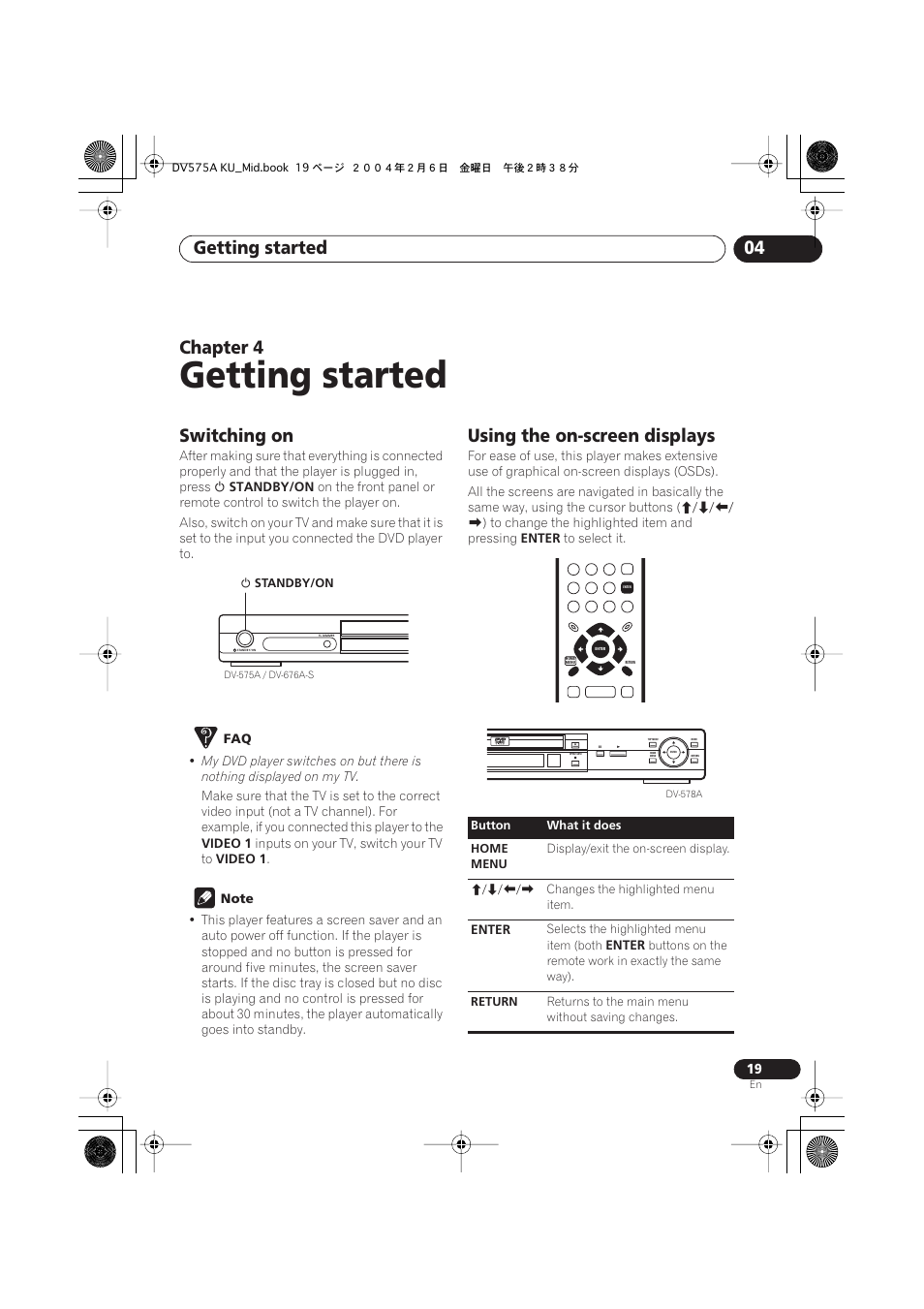 04 getting started, Switching on, Using the on-screen displays | Getting started, Getting started 04, Chapter 4 | Pioneer DV-575A User Manual | Page 19 / 56