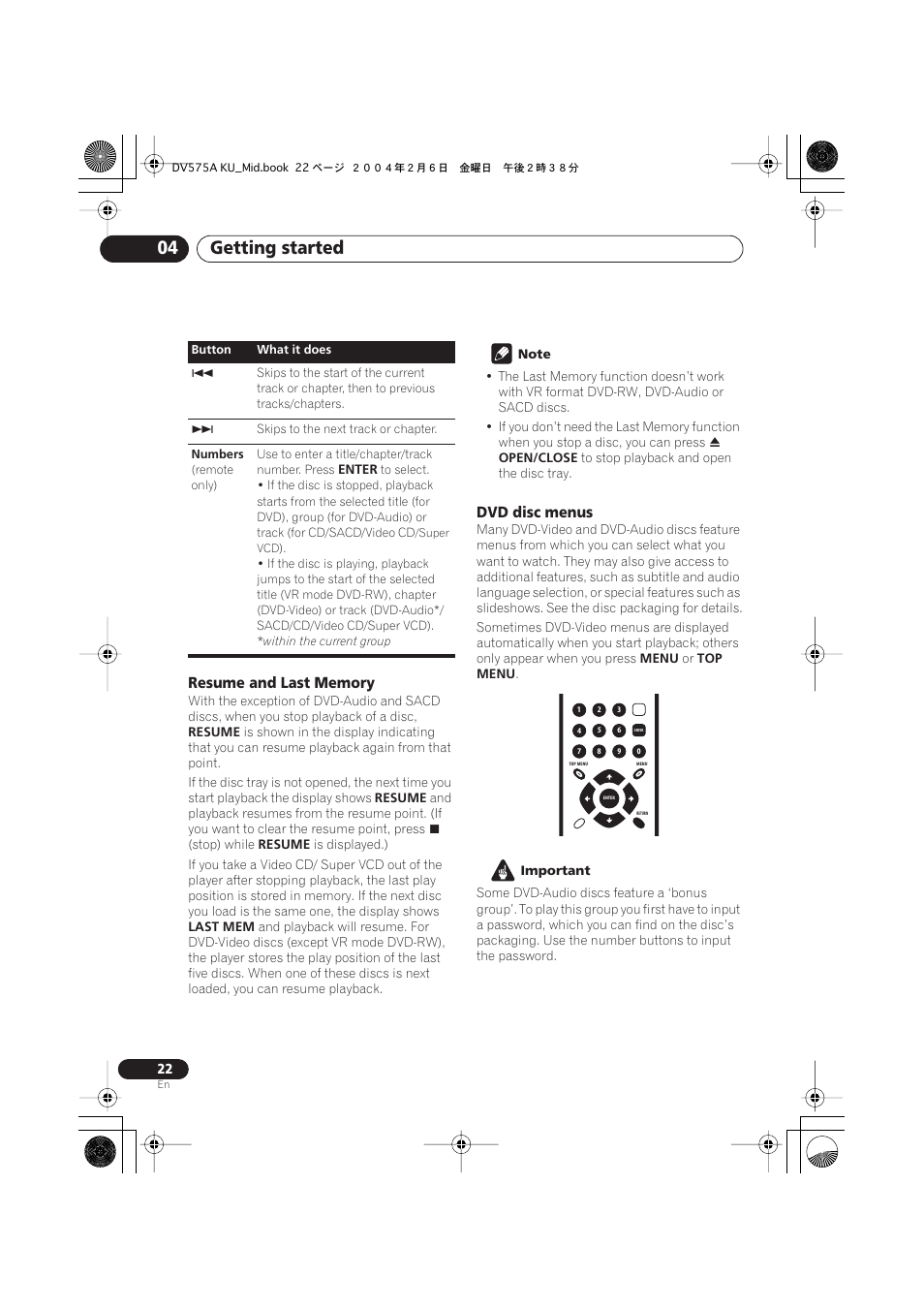 Getting started 04, Dvd disc menus | Pioneer DV-575A User Manual | Page 22 / 56