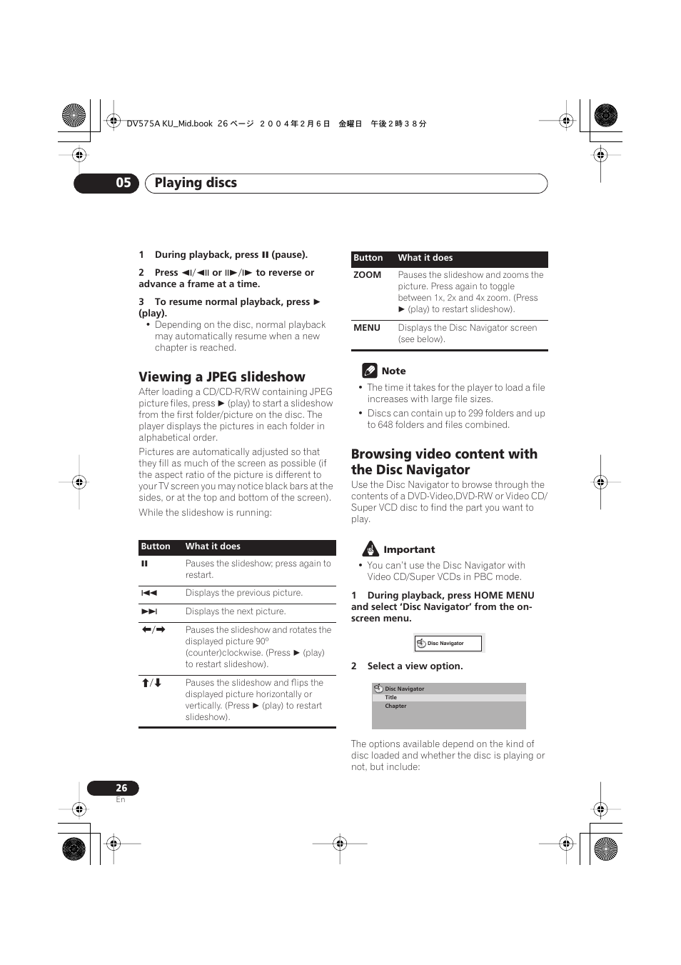 Viewing a jpeg slideshow, Browsing video content with the disc navigator, Playing discs 05 | Pioneer DV-575A User Manual | Page 26 / 56
