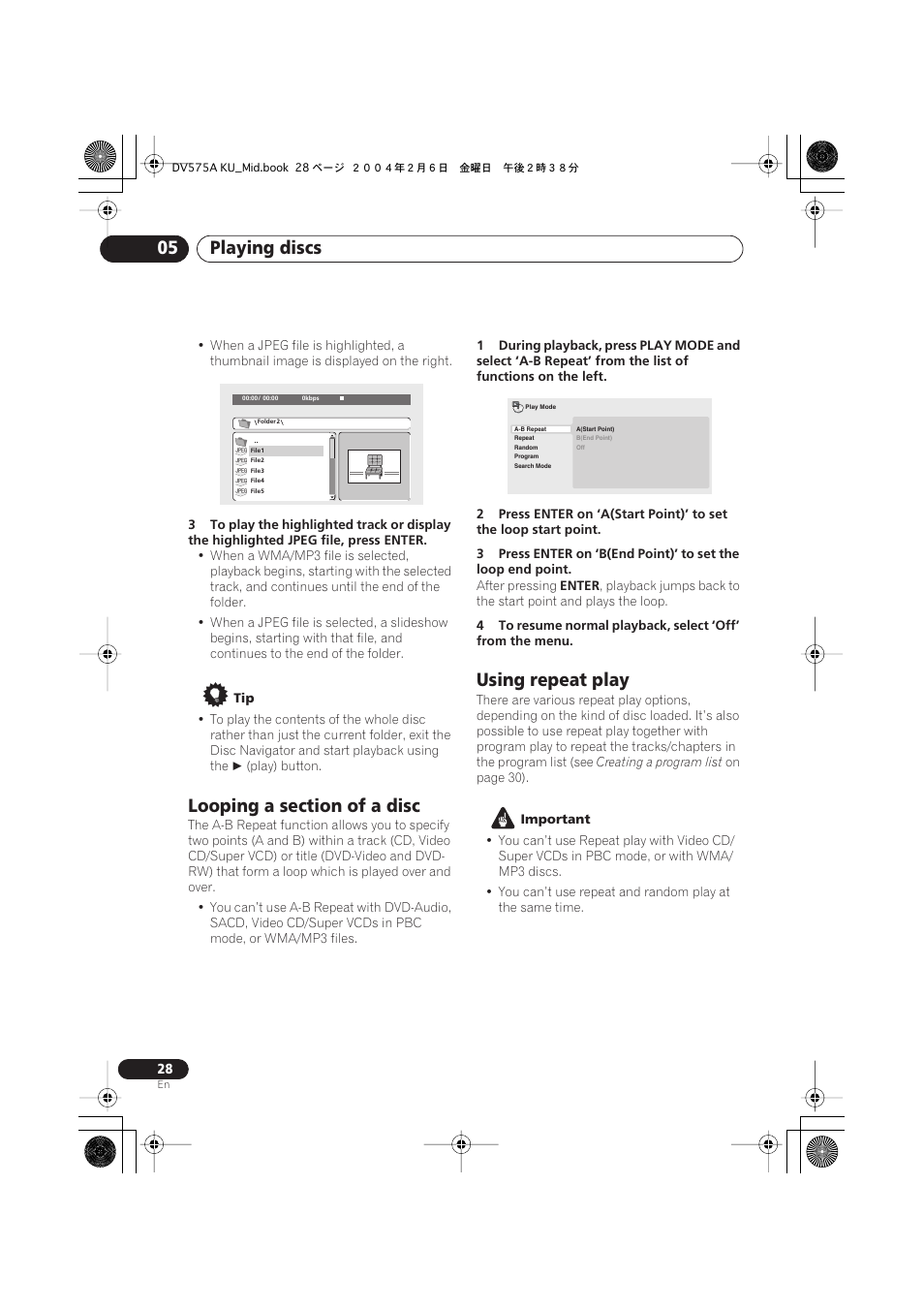 Looping a section of a disc, Using repeat play, Playing discs 05 | Pioneer DV-575A User Manual | Page 28 / 56