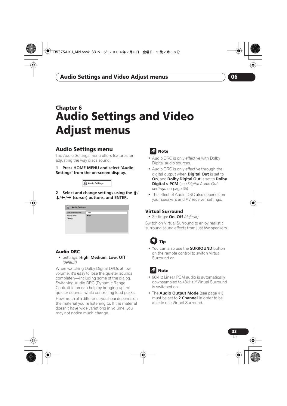 06 audio settings and video adjust menus, Audio settings menu, Audio settings and video adjust menus | Audio settings and video adjust menus 06, Chapter 6 | Pioneer DV-575A User Manual | Page 33 / 56