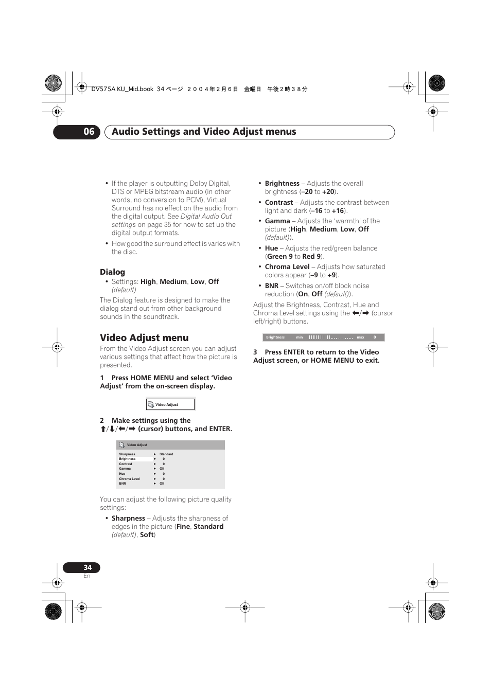Video adjust menu, Audio settings and video adjust menus 06 | Pioneer DV-575A User Manual | Page 34 / 56