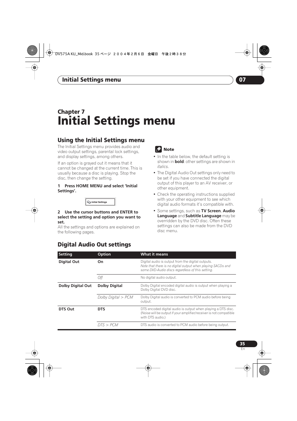 07 initial settings menu, Using the initial settings menu, Digital audio out settings | Initial settings menu, Initial settings menu 07, Chapter 7 | Pioneer DV-575A User Manual | Page 35 / 56