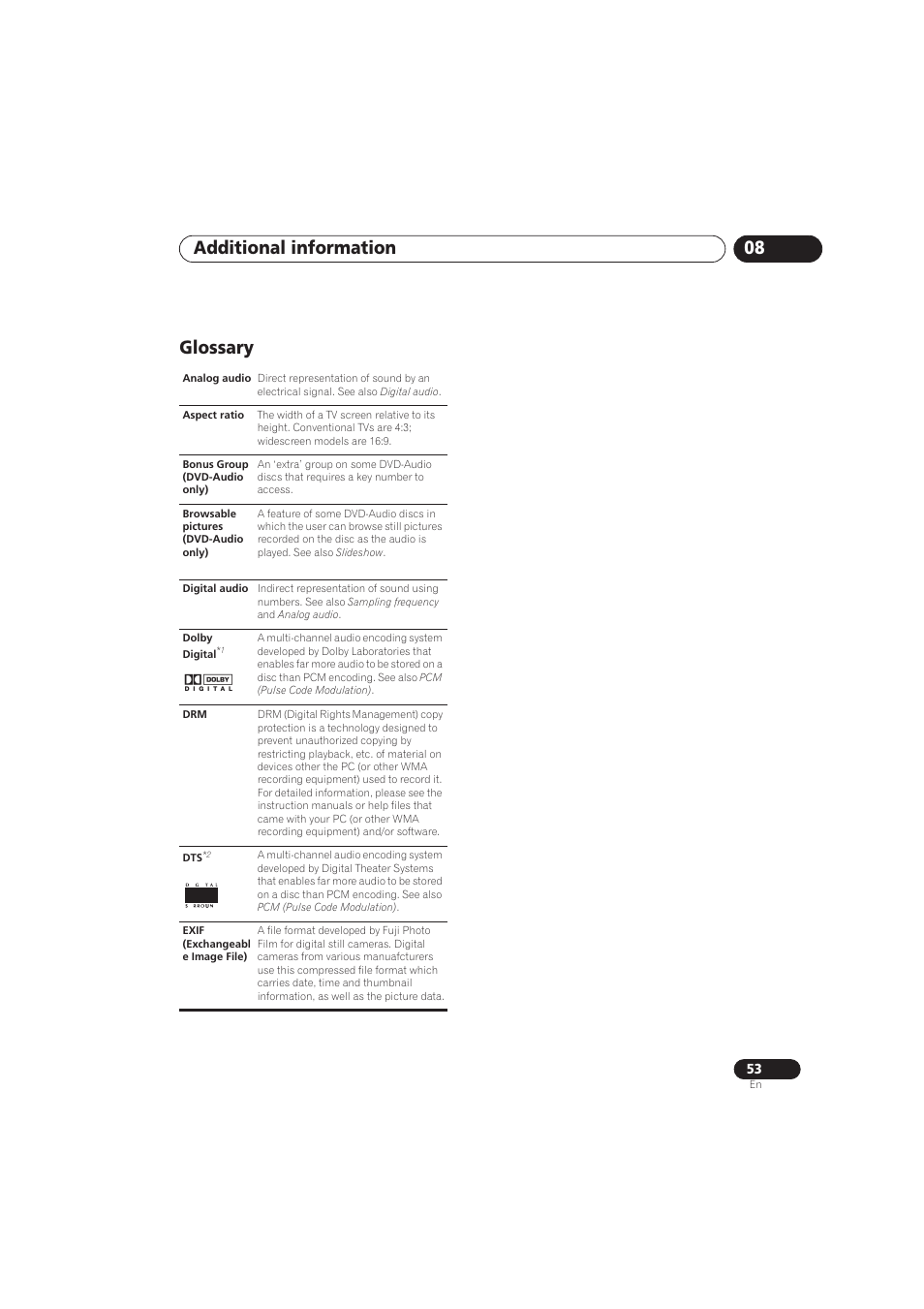 Glossary, Additional information 08 | Pioneer DV-575A User Manual | Page 53 / 56