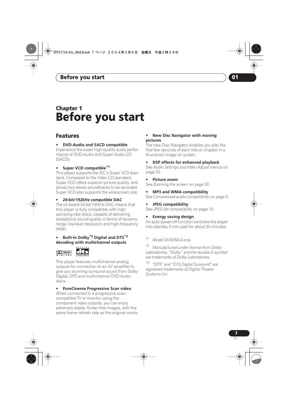 01 before you start, Features, Before you start | Before you start 01, Chapter 1 | Pioneer DV-575A User Manual | Page 7 / 56