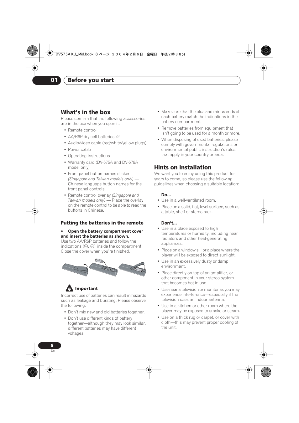 What’s in the box, Hints on installation, Before you start 01 | Pioneer DV-575A User Manual | Page 8 / 56