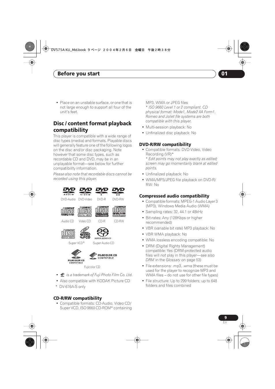 Disc / content format playback compatibility, Before you start 01 | Pioneer DV-575A User Manual | Page 9 / 56