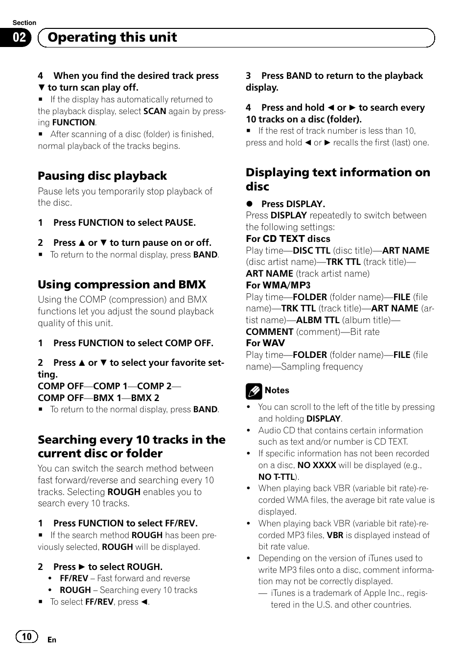 Pausing disc playback 10, Using compression and bmx 10, Searching every 10 tracks in the current | Disc or folder, Displaying text information on disc 10, Operating this unit, Pausing disc playback, Using compression and bmx, Displaying text information on disc | Pioneer DEH-1100MP User Manual | Page 10 / 62