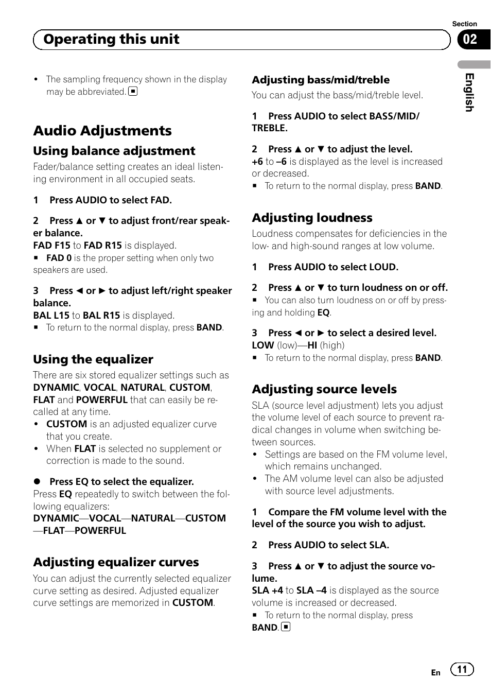 Audio adjustments, Using balance adjustment 11, Using the equalizer 11 | Adjusting equalizer curves 11, Adjusting loudness 11, Adjusting source levels 11, Operating this unit, Using balance adjustment, Using the equalizer, Adjusting equalizer curves | Pioneer DEH-1100MP User Manual | Page 11 / 62