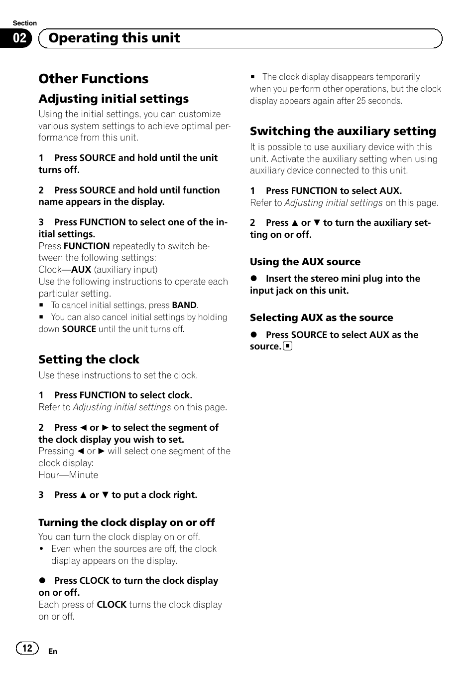 Other functions, Adjusting initial settings 12, Setting the clock 12 | Switching the auxiliary setting 12, Operating this unit, Adjusting initial settings, Setting the clock, Switching the auxiliary setting | Pioneer DEH-1100MP User Manual | Page 12 / 62