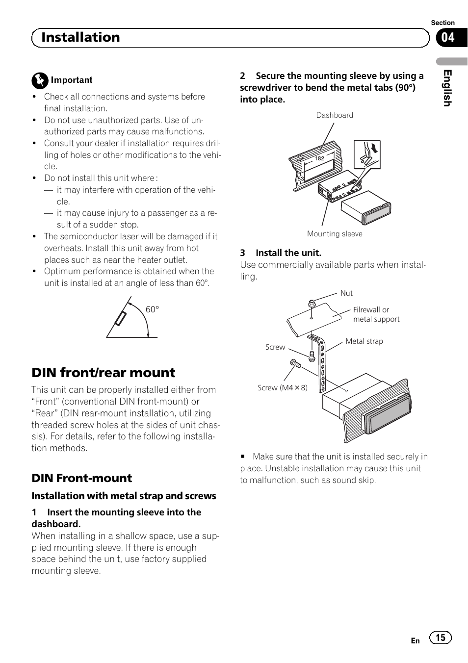 Installation din front/rear mount, Din front-mount 15, Din front/rear mount | Installation, Din front-mount | Pioneer DEH-1100MP User Manual | Page 15 / 62
