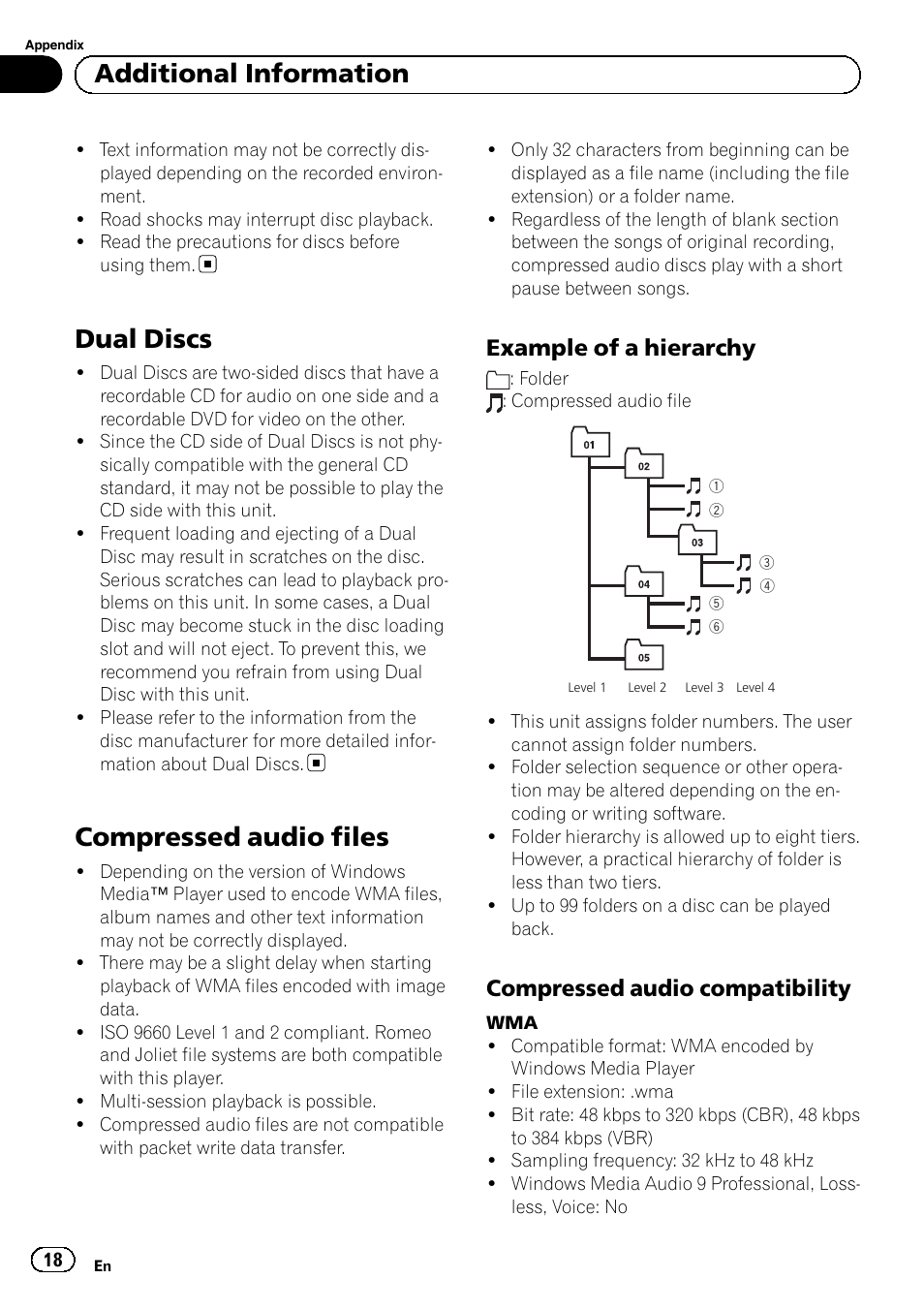 Dual discs, Compressed audio files, Example of a hierarchy 18 | Compressed audio compatibility 18, Additional information, Example of a hierarchy, Compressed audio compatibility | Pioneer DEH-1100MP User Manual | Page 18 / 62