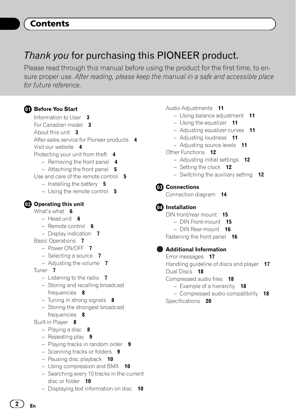 Pioneer DEH-1100MP User Manual | Page 2 / 62