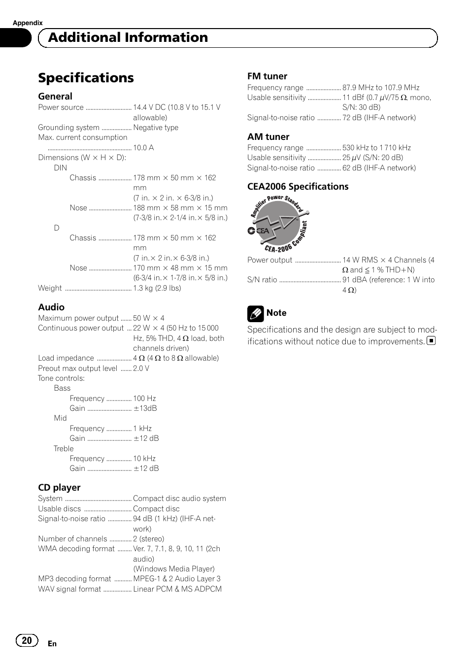 Specifications, Additional information | Pioneer DEH-1100MP User Manual | Page 20 / 62