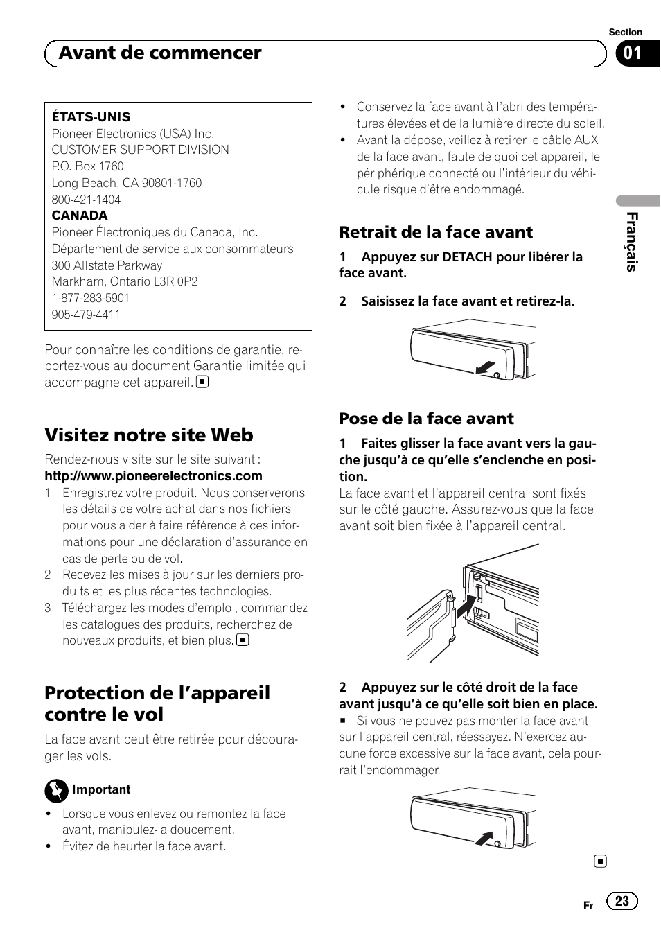 Visitez notre site web, Protection de l, Appareil contre le vol 23 | Retrait de la face avant 23, Pose de la face avant 23, Protection de l ’appareil contre le vol, Avant de commencer, Retrait de la face avant, Pose de la face avant | Pioneer DEH-1100MP User Manual | Page 23 / 62