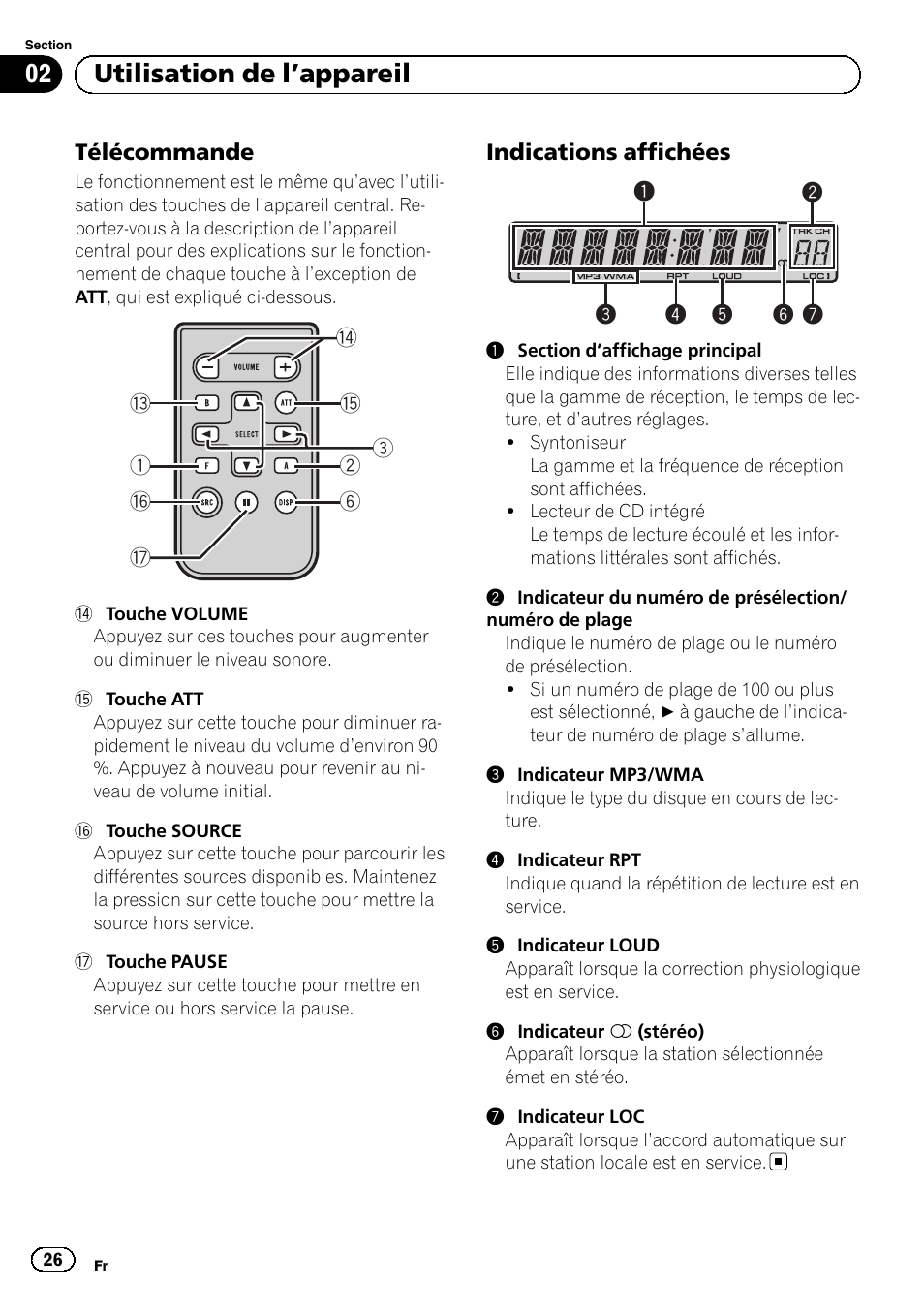 Télécommande 26, Indications affichées 26, Utilisation de l ’appareil | Pioneer DEH-1100MP User Manual | Page 26 / 62