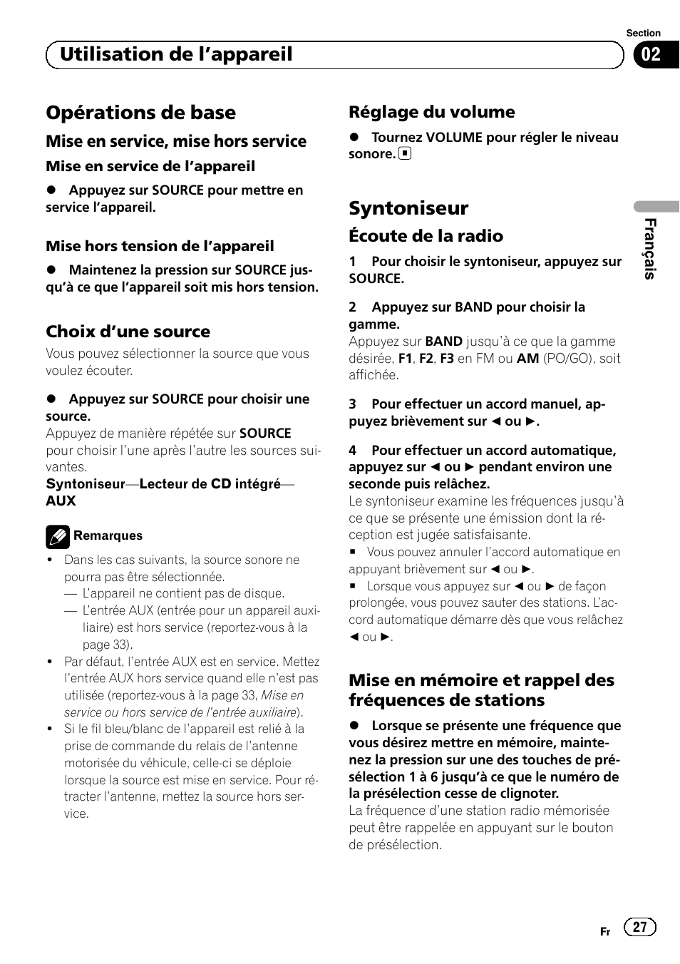 Opérations de base, Mise en service, mise hors service 27, Choix d’une source 27 | Réglage du volume 27, Syntoniseur, Écoute de la radio 27, Mise en mémoire et rappel des, Fréquences de stations, Utilisation de l ’appareil | Pioneer DEH-1100MP User Manual | Page 27 / 62
