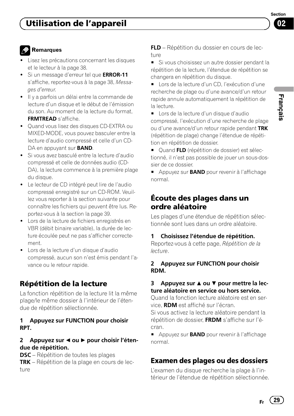 Répétition de la lecture 29, Écoute des plages dans un ordre, Aléatoire | Examen des plages ou des, Dossiers, Utilisation de l ’appareil, Répétition de la lecture, Écoute des plages dans un ordre aléatoire, Examen des plages ou des dossiers | Pioneer DEH-1100MP User Manual | Page 29 / 62