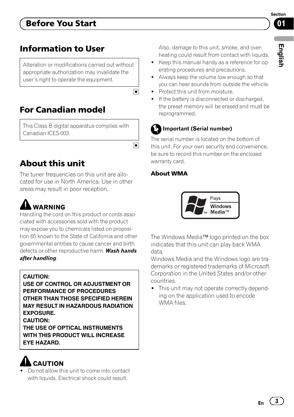 Before you start, Information to user, For canadian model | About this unit | Pioneer DEH-1100MP User Manual | Page 3 / 62