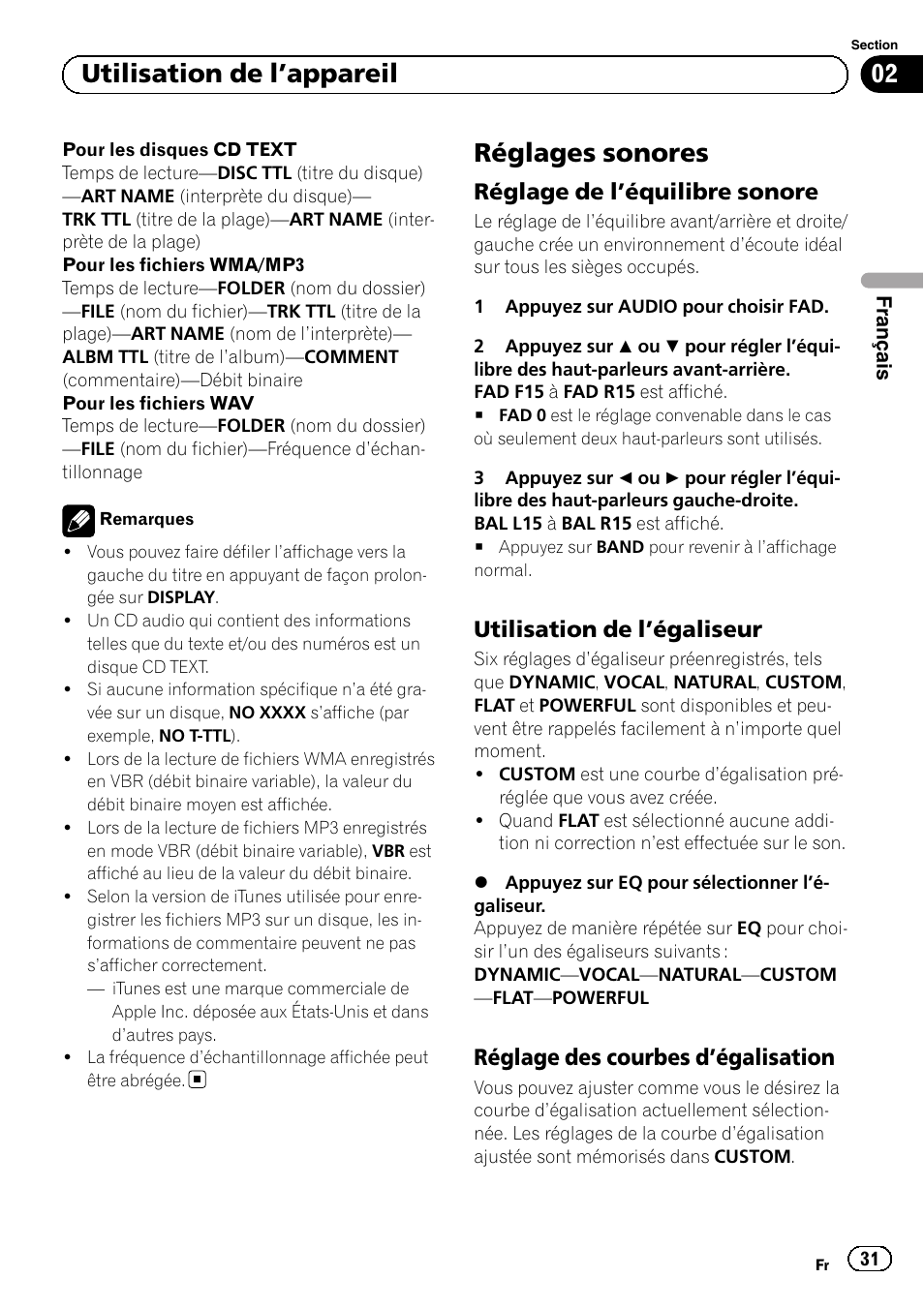 Réglages sonores, Réglage de l’équilibre sonore 31, Utilisation de l’égaliseur 31 | Réglage des courbes d’égalisation 31, Utilisation de l ’appareil, Réglage de l ’équilibre sonore, Utilisation de l ’égaliseur, Réglage des courbes d ’égalisation | Pioneer DEH-1100MP User Manual | Page 31 / 62