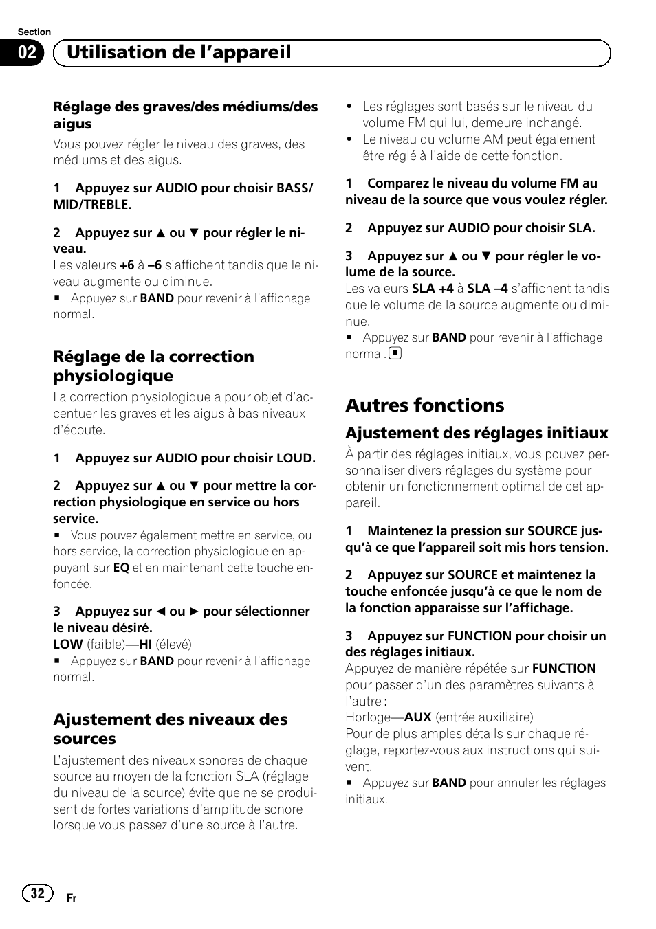 Réglage de la correction, Physiologique, Ajustement des niveaux des | Sources, Autres fonctions, Ajustement des réglages initiaux 32, Utilisation de l ’appareil, Réglage de la correction physiologique, Ajustement des niveaux des sources, Ajustement des réglages initiaux | Pioneer DEH-1100MP User Manual | Page 32 / 62