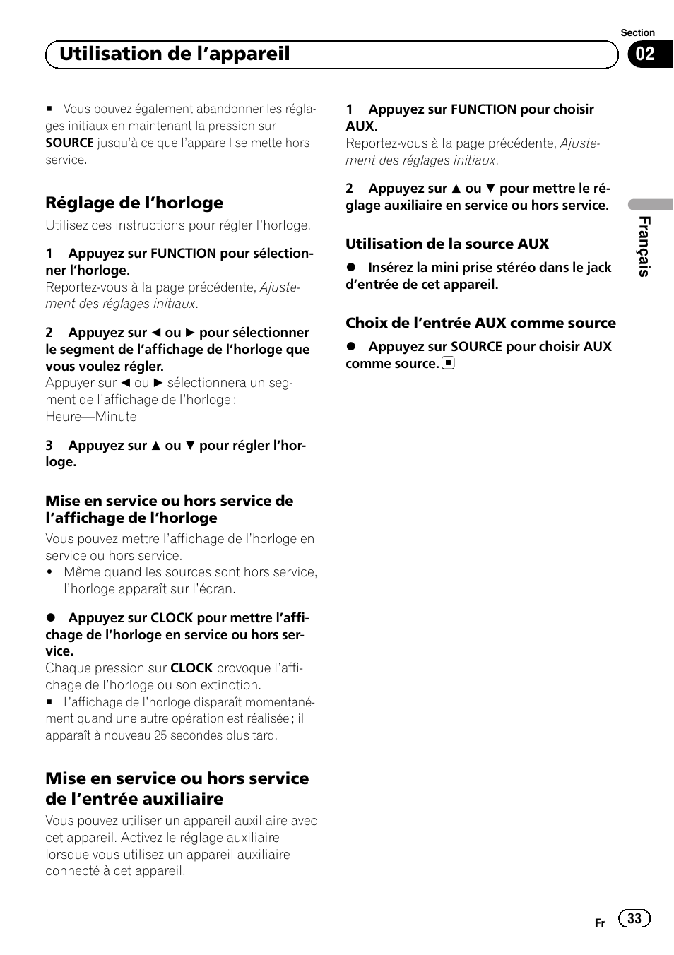 Réglage de l’horloge 33, Mise en service ou hors service de, Entrée auxiliaire 33 | Utilisation de l ’appareil | Pioneer DEH-1100MP User Manual | Page 33 / 62