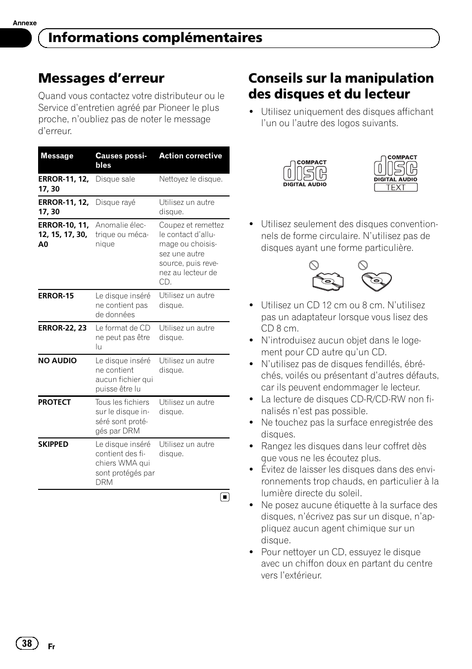 Informations complémentaires messages d, Erreur 38, Conseils sur la manipulation des disques et | Du lecteur, Ges d, Erreur, Messages d ’erreur, Informations complémentaires | Pioneer DEH-1100MP User Manual | Page 38 / 62