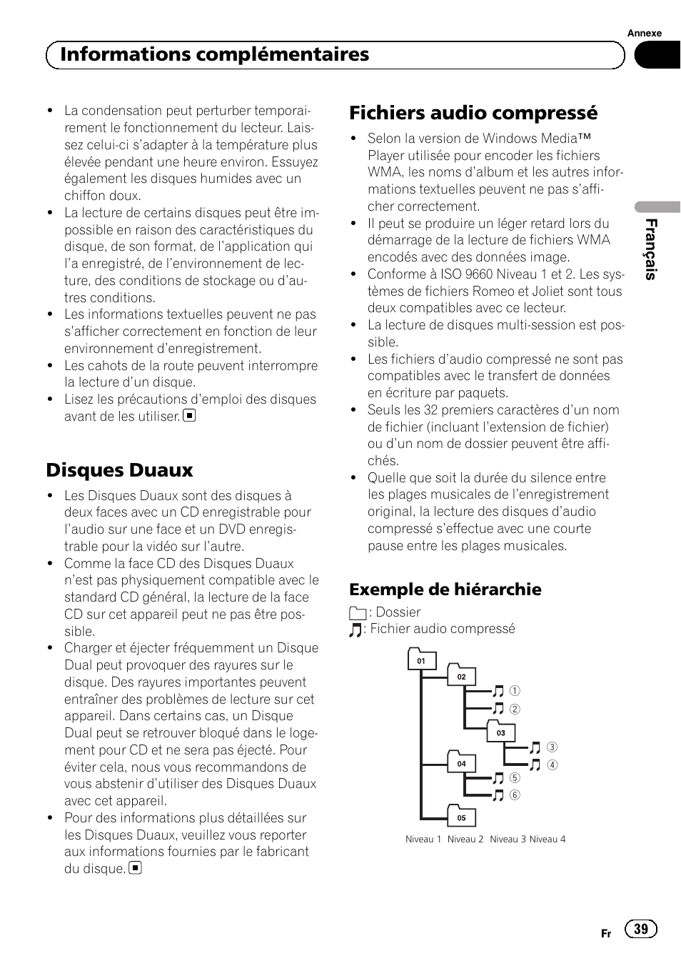 Disques duaux, Fichiers audio compressé, Exemple de hiérarchie 39 | Informations complémentaires, Exemple de hiérarchie | Pioneer DEH-1100MP User Manual | Page 39 / 62