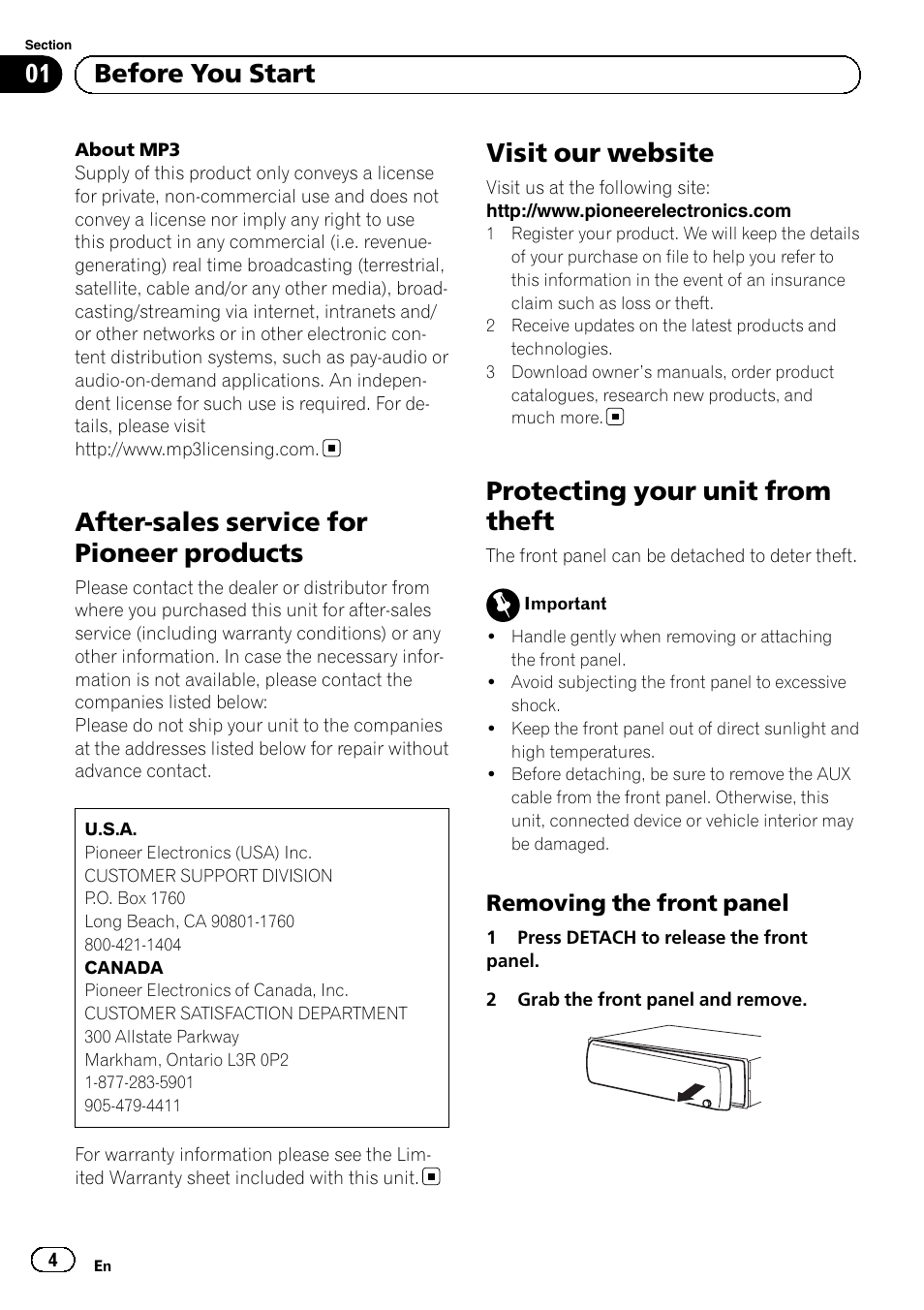 After-sales service for pioneer products, Visit our website, Protecting your unit from theft | Removing the front panel 4, Before you start, Removing the front panel | Pioneer DEH-1100MP User Manual | Page 4 / 62