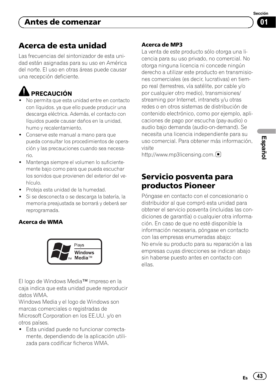 Antes de comenzar, Acerca de esta unidad, Servicio posventa para productos | Pioneer, Servicio posventa para productos pioneer | Pioneer DEH-1100MP User Manual | Page 43 / 62