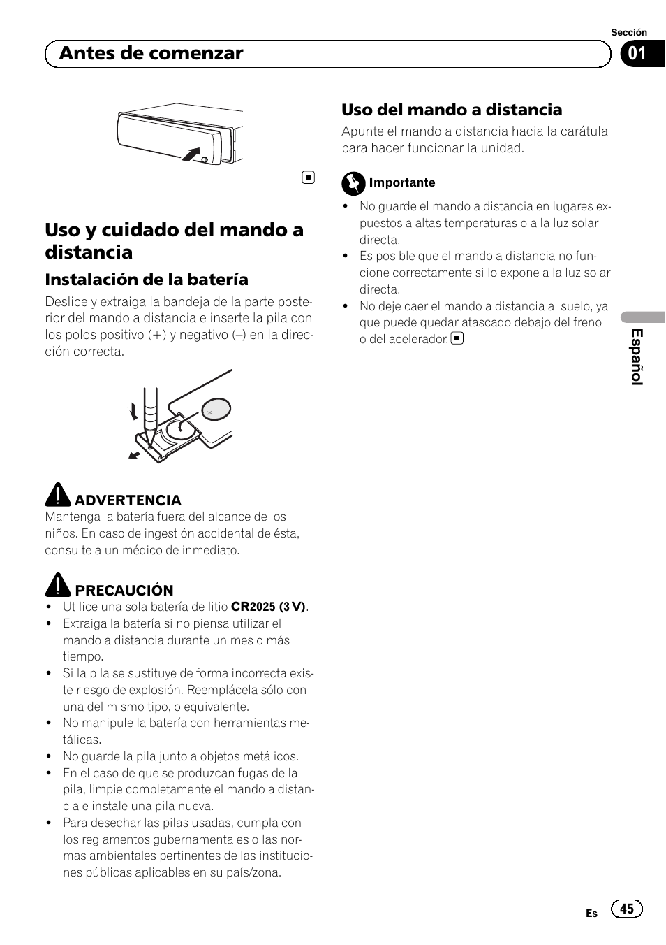Uso y cuidado del mando a distancia, Instalación de la batería 45, Uso del mando a distancia 45 | Antes de comenzar, Instalación de la batería, Uso del mando a distancia | Pioneer DEH-1100MP User Manual | Page 45 / 62