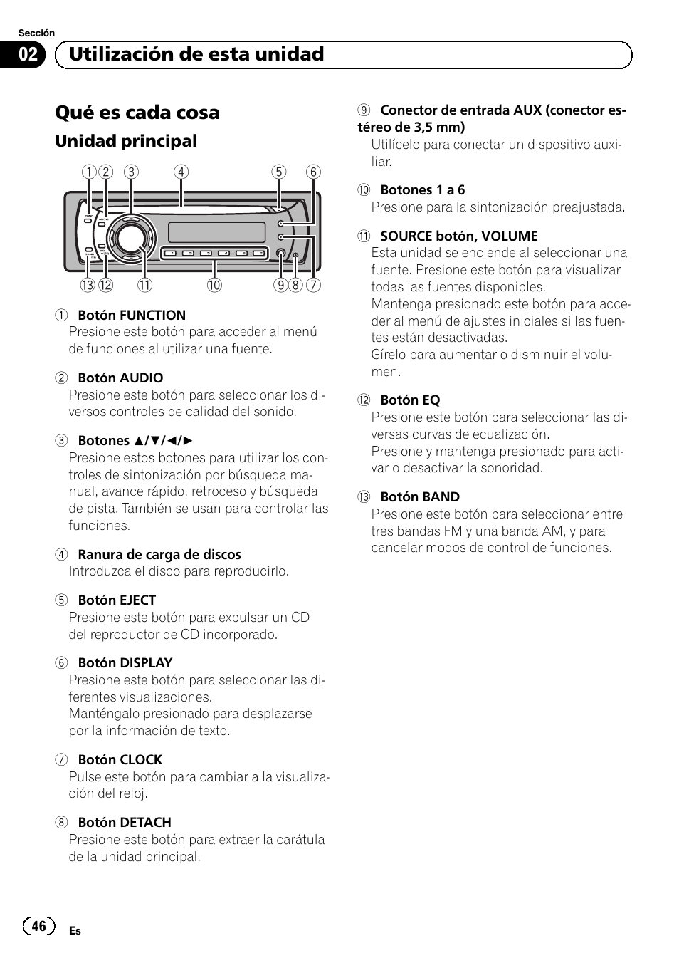 Utilización de esta unidad qué es cada cosa, Unidad principal 46, Qué es cada cosa | Utilización de esta unidad | Pioneer DEH-1100MP User Manual | Page 46 / 62